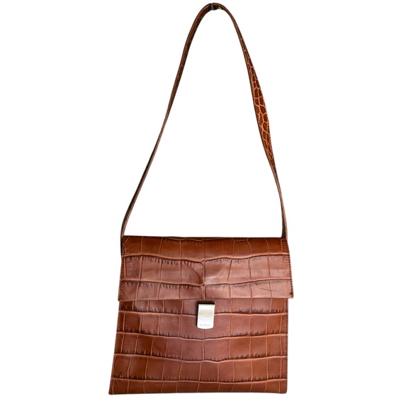 NEW Furla Crocodile Flap Bag British Tan Embossed Leather Italian Shoulder Bag - Picture 1 of 17